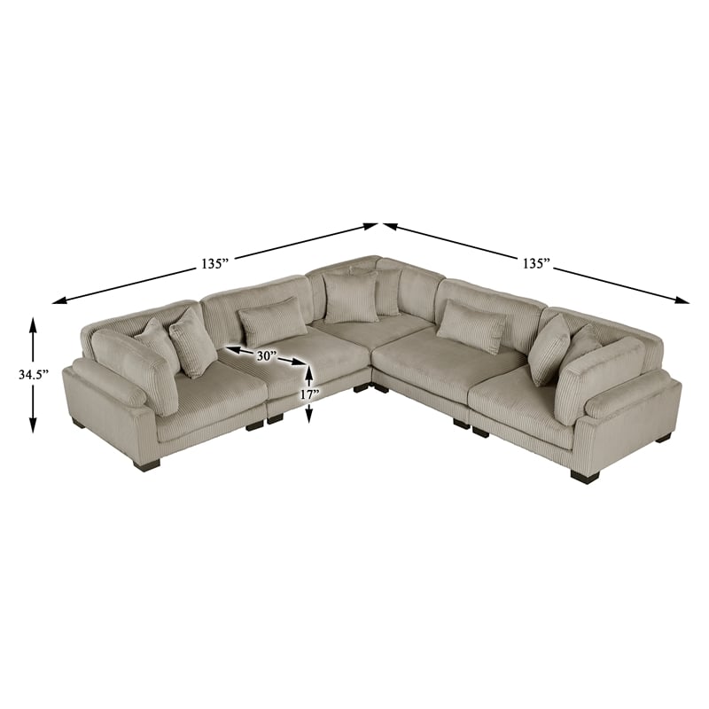 Pemberly Row Corduroy 5-Piece Modular Sectional with 8 Pillows 300 lbs in Taupe