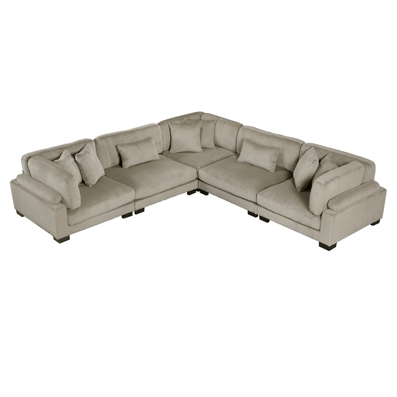 Pemberly Row Corduroy 5-Piece Modular Sectional with 8 Pillows 300 lbs in Taupe