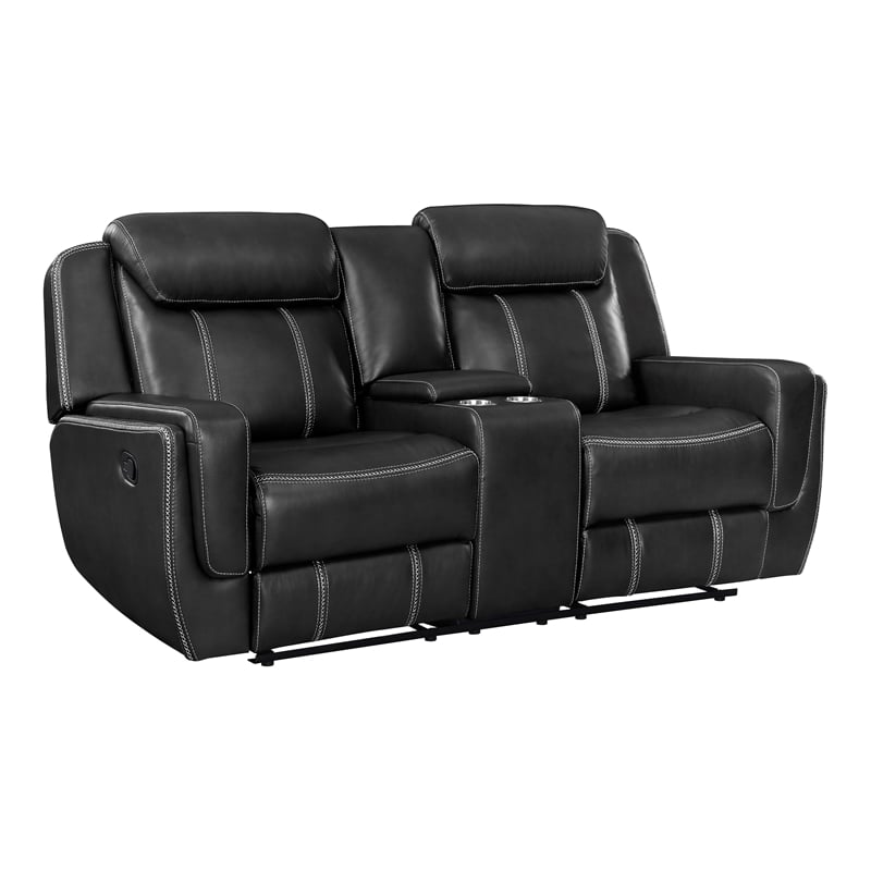 Pemberly Row Faux Leather Dual Reclining Loveseat with Console and USB in Black