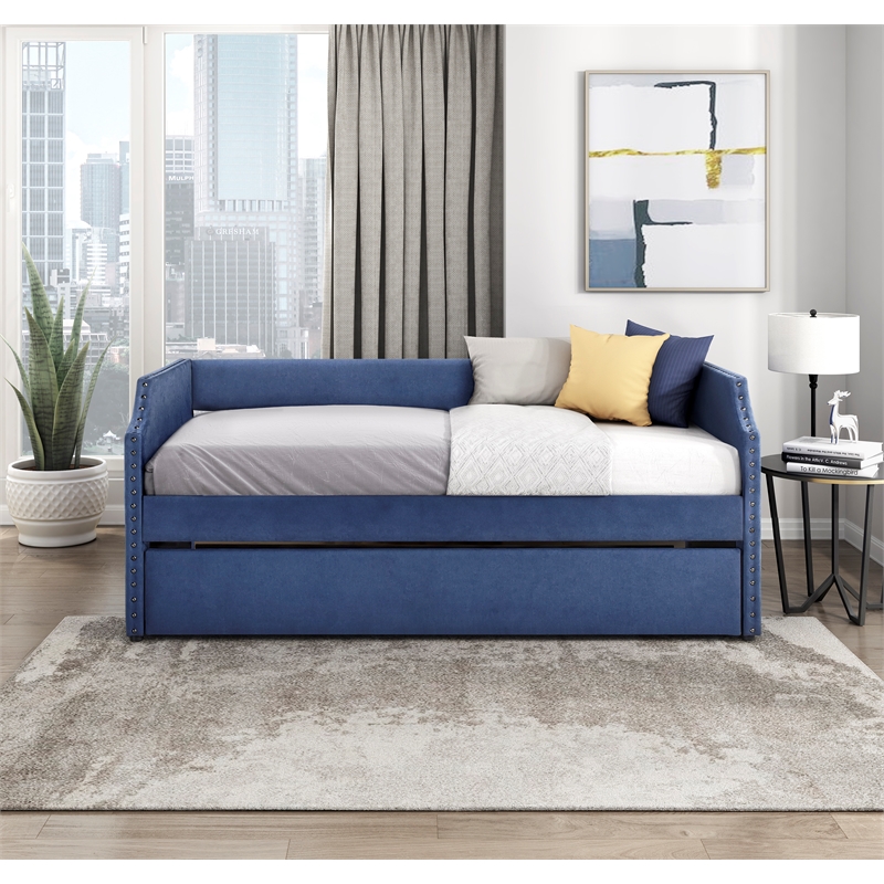 Pemberly Row Textured Fabric Daybed with Trundle and Nailhead Trim in Blue