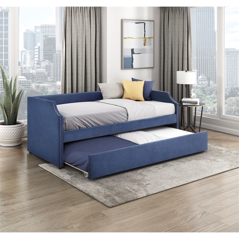 Pemberly Row Textured Fabric Daybed with Trundle and Nailhead Trim in Blue