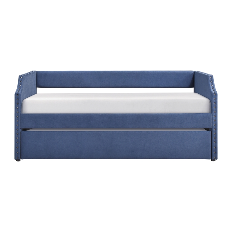 Pemberly Row Textured Fabric Daybed with Trundle and Nailhead Trim in Blue