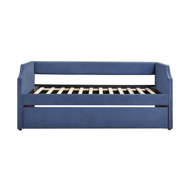 Pemberly Row Textured Fabric Daybed with Trundle and Nailhead Trim in Blue
