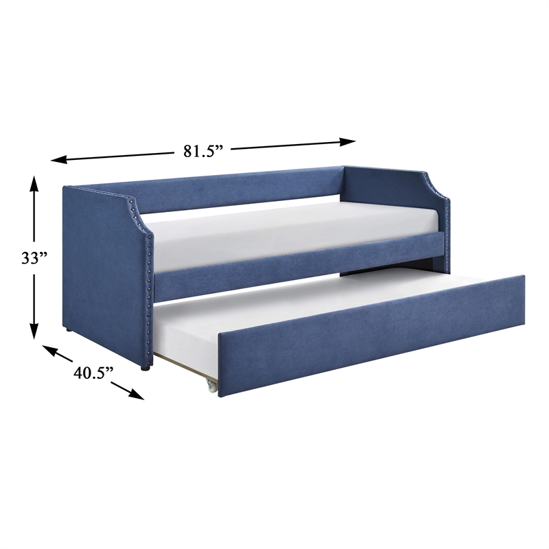 Pemberly Row Textured Fabric Daybed with Trundle and Nailhead Trim in Blue