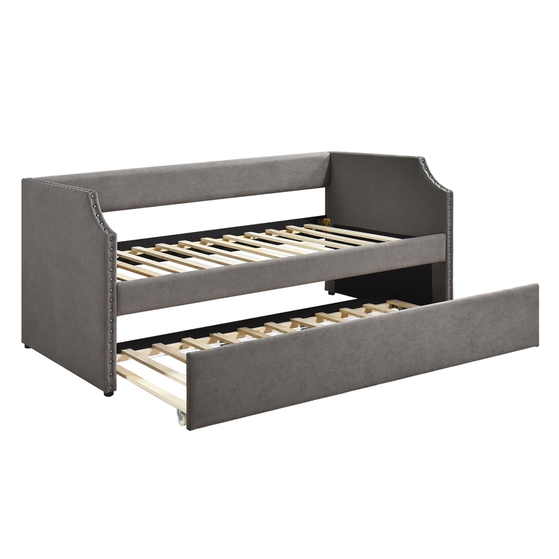 Pemberly Row Textured Fabric Daybed with Trundle and Nailhead Trim in Dark Gray