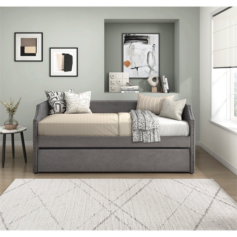Pemberly Row Textured Fabric Daybed with Trundle and Nailhead Trim in Dark Gray