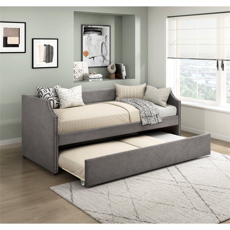 Pemberly Row Textured Fabric Daybed with Trundle and Nailhead Trim in Dark Gray
