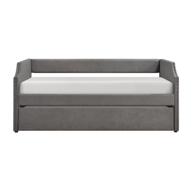 Pemberly Row Textured Fabric Daybed with Trundle and Nailhead Trim in Dark Gray