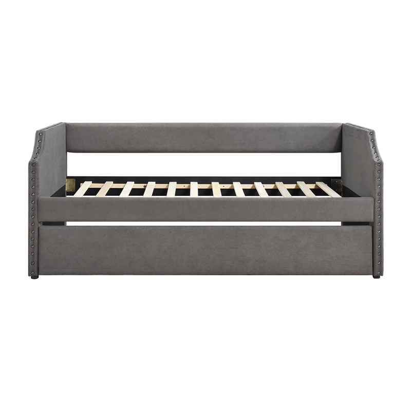 Pemberly Row Textured Fabric Daybed with Trundle and Nailhead Trim in Dark Gray