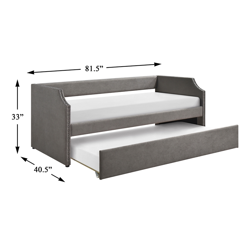 Pemberly Row Textured Fabric Daybed with Trundle and Nailhead Trim in Dark Gray