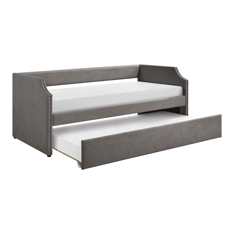 Pemberly Row Textured Fabric Daybed with Trundle and Nailhead Trim in Dark Gray