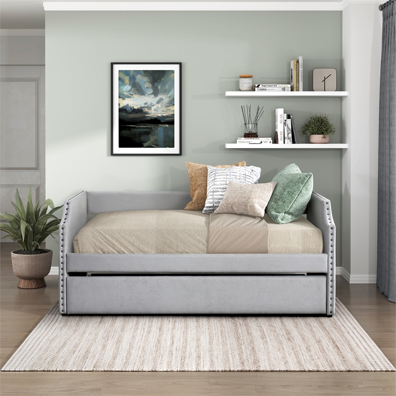 Pemberly Row Textured Fabric Daybed with Trundle and Nailhead Trim in Light Gray