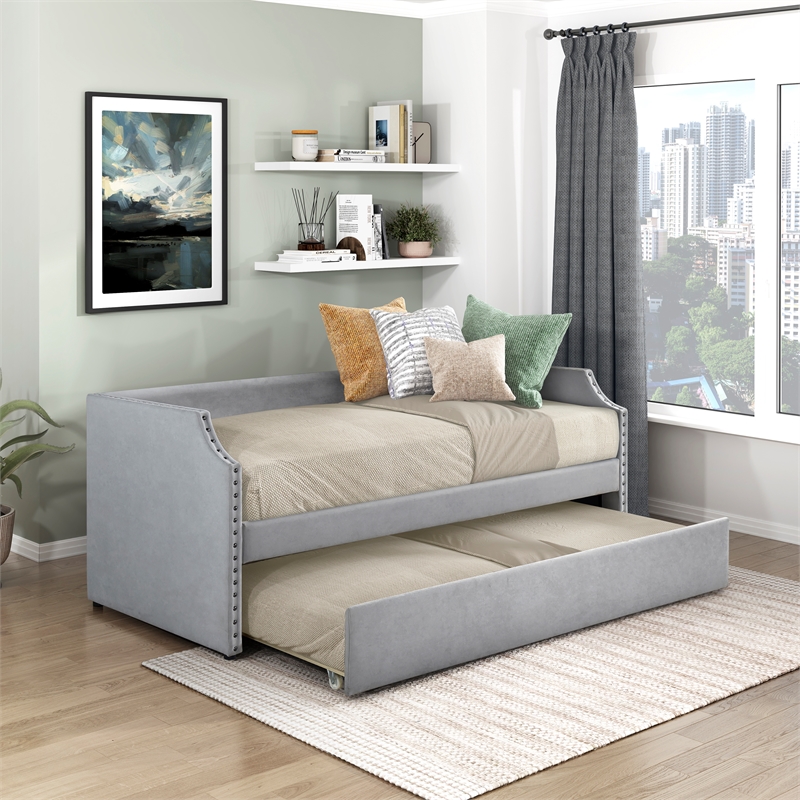 Pemberly Row Textured Fabric Daybed with Trundle and Nailhead Trim in Light Gray