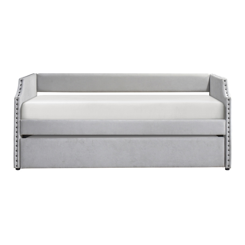 Pemberly Row Textured Fabric Daybed with Trundle and Nailhead Trim in Light Gray