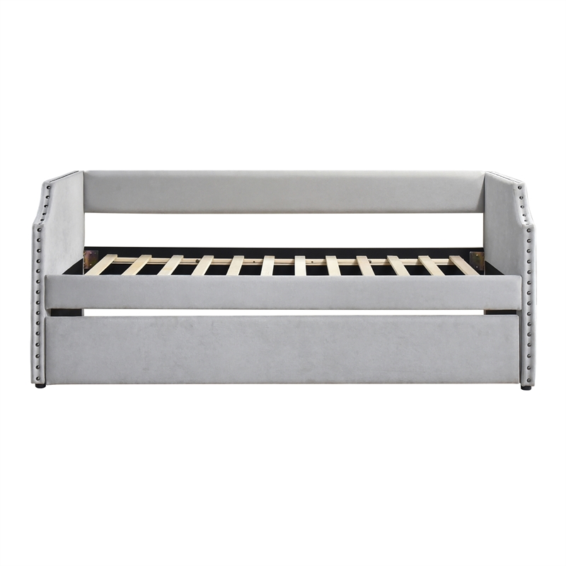 Pemberly Row Textured Fabric Daybed with Trundle and Nailhead Trim in Light Gray