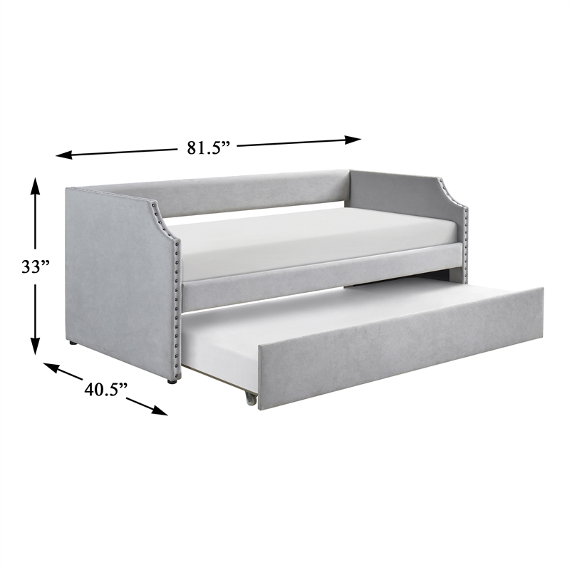 Pemberly Row Textured Fabric Daybed with Trundle and Nailhead Trim in Light Gray