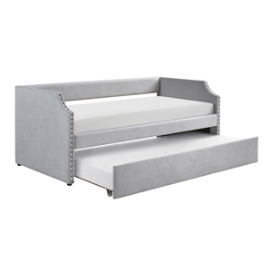 Pemberly Row Textured Fabric Daybed with Trundle and Nailhead Trim in Light Gray