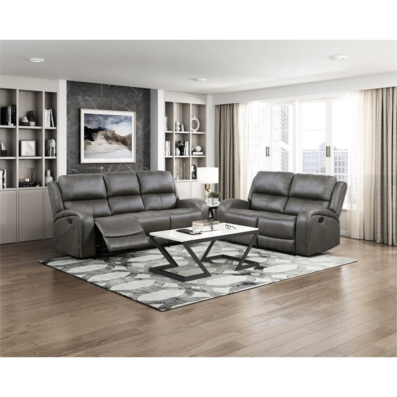Pemberly Row Polished Microfiber Dual Reclining Sofa 300 lbs in Gray