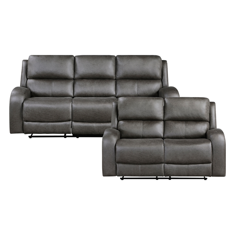 Pemberly Row Polished Microfiber 2-Piece Reclining Sofa and Loveseat Set in Gray