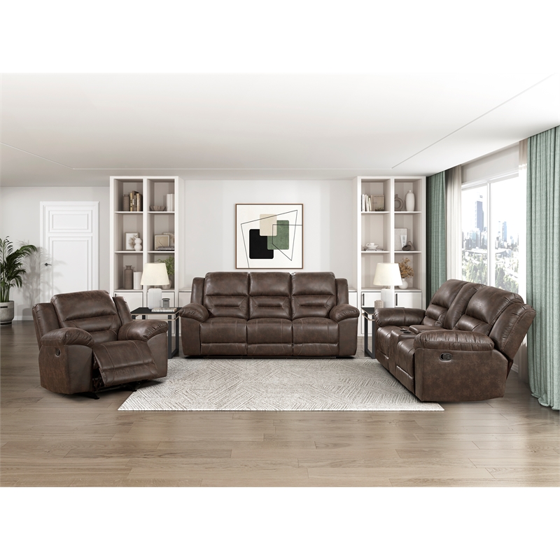 Pemberly Row Polished Microfiber Dual Reclining Sofa 300 lbs in Dark Brown
