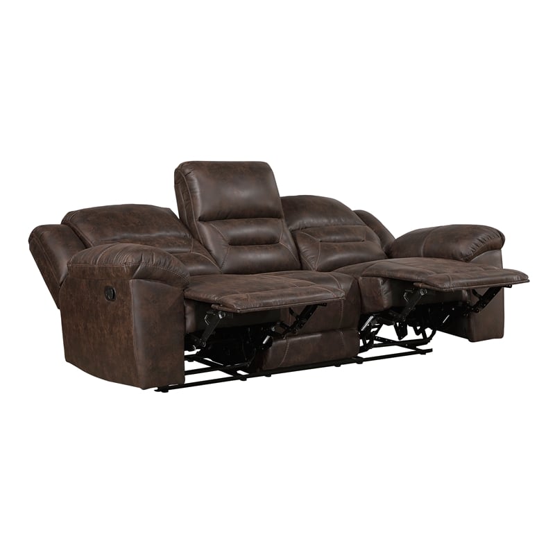 Pemberly Row Polished Microfiber Dual Reclining Sofa 300 lbs in Dark Brown
