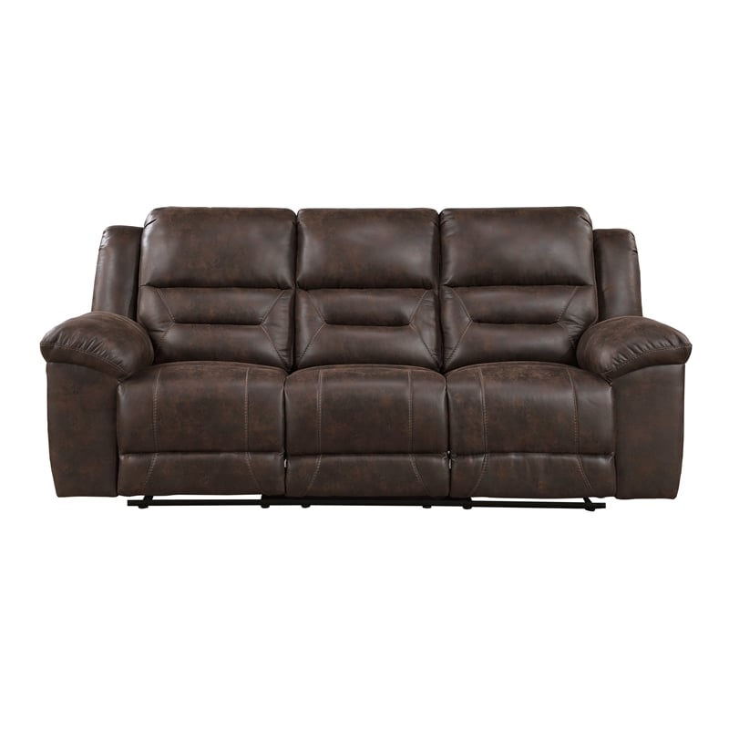 Pemberly Row Polished Microfiber Dual Reclining Sofa 300 lbs in Dark Brown