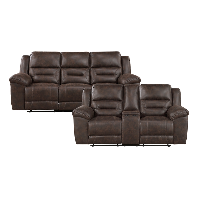 Pemberly Row Microfiber 2-Piece Reclining Sofa & Loveseat Set in Dark Brown