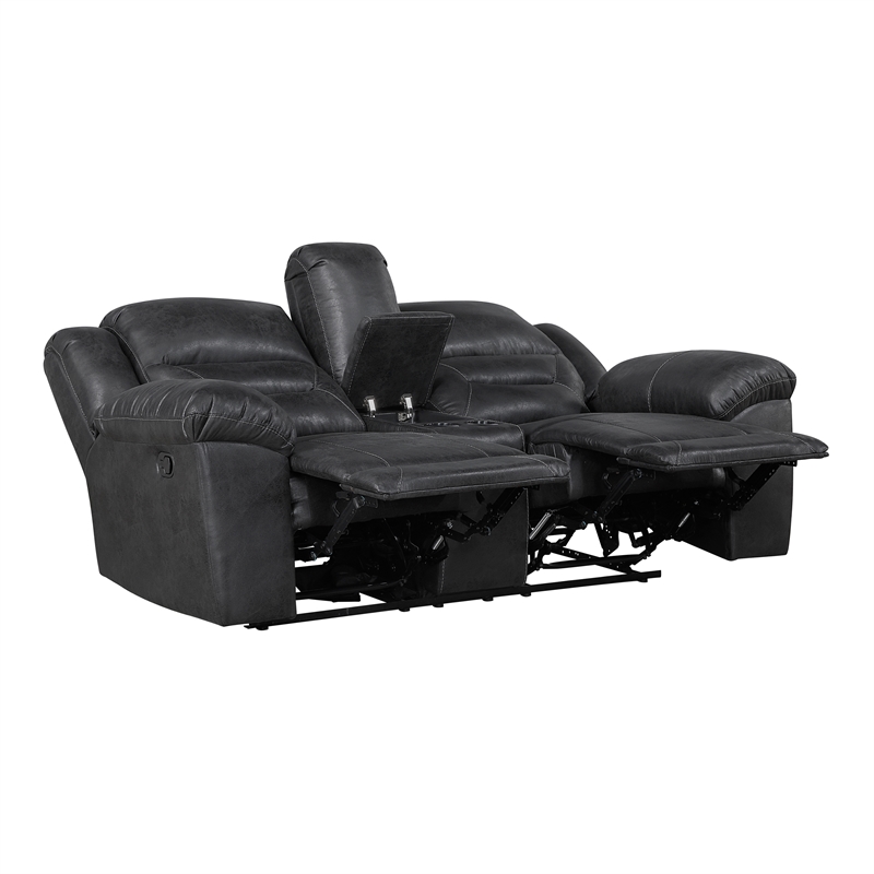 Pemberly Row Polished Microfiber Dual Reclining Loveseat with Console in Black