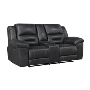 Pemberly Row Polished Microfiber Dual Reclining Loveseat with Console in Black