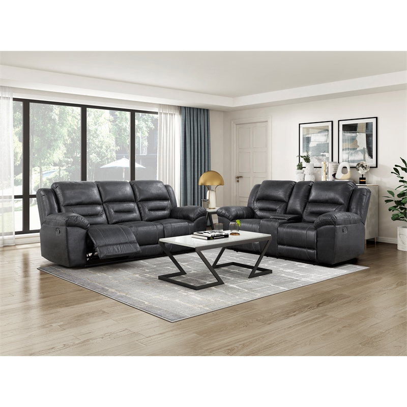Pemberly Row Polished Microfiber Dual Reclining Sofa 300 lbs in Black