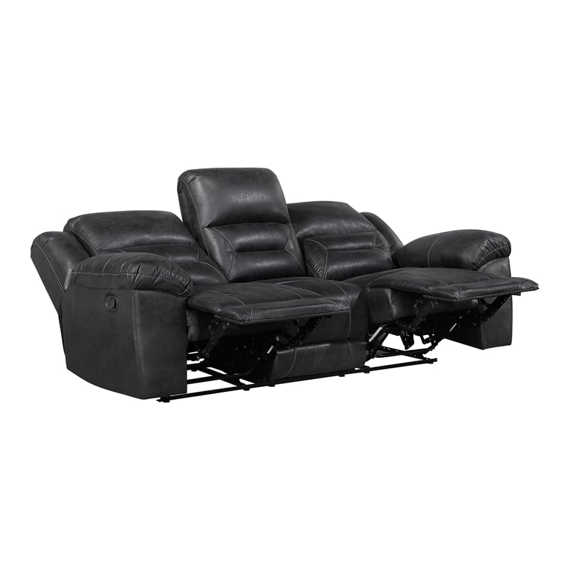 Pemberly Row Polished Microfiber Dual Reclining Sofa 300 lbs in Black