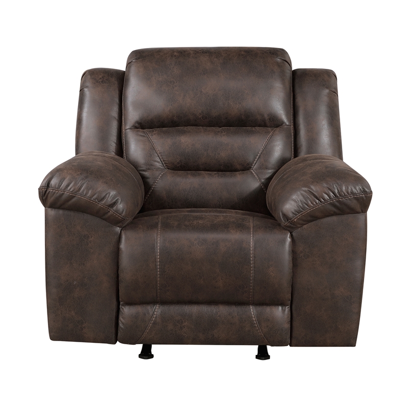 Pemberly Row Microfiber Rocker Recliner with Tab Pull 300 lbs in Dark Brown