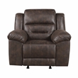Pemberly Row Microfiber Rocker Recliner with Tab Pull 300 lbs in Dark Brown