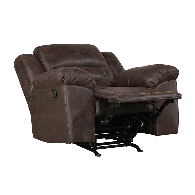 Pemberly Row Microfiber Rocker Recliner with Tab Pull 300 lbs in Dark Brown
