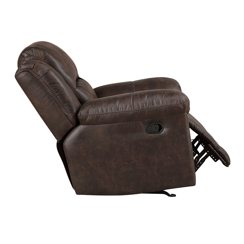 Pemberly Row Microfiber Rocker Recliner with Tab Pull 300 lbs in Dark Brown
