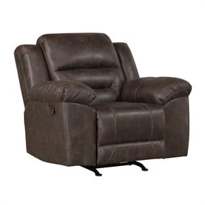 Pemberly Row Microfiber Rocker Recliner with Tab Pull 300 lbs in Dark Brown