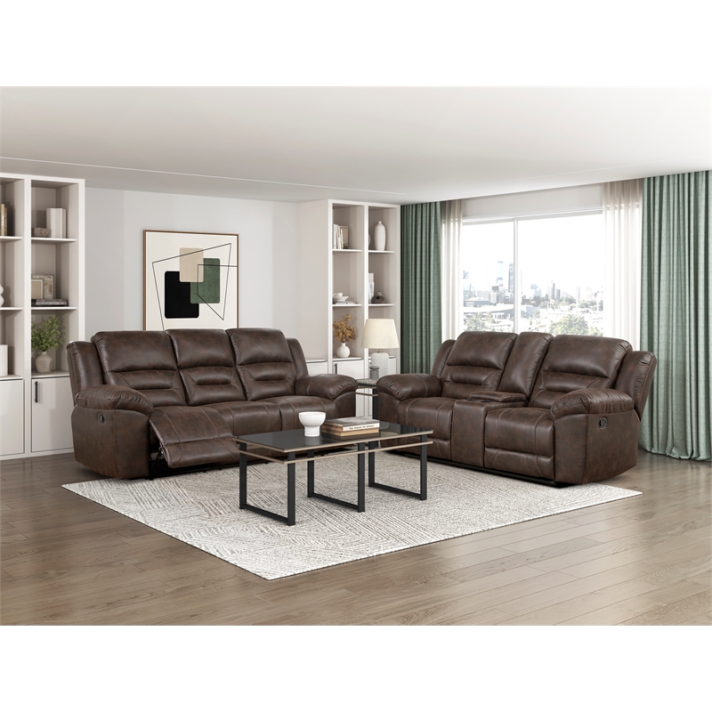 Pemberly Row Microfiber Dual Reclining Loveseat with Console in Dark Brown