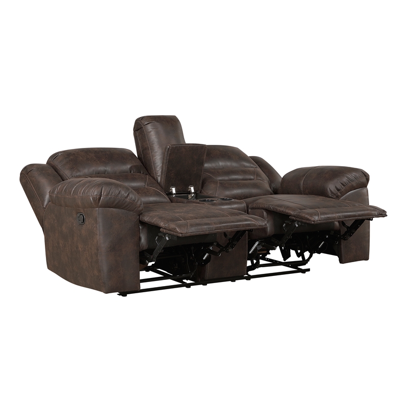 Pemberly Row Microfiber Dual Reclining Loveseat with Console in Dark Brown