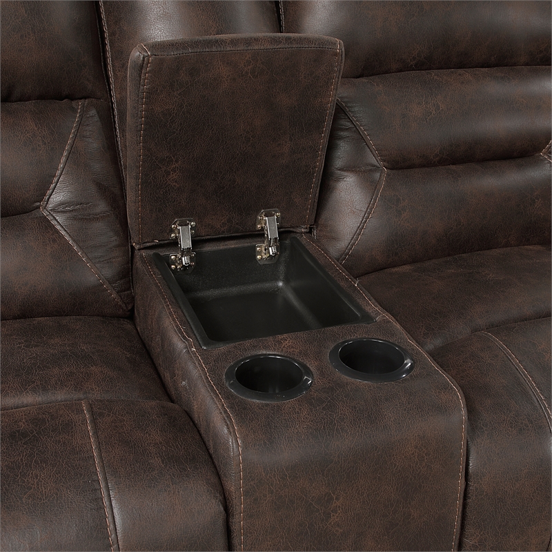 Pemberly Row Microfiber Dual Reclining Loveseat with Console in Dark Brown