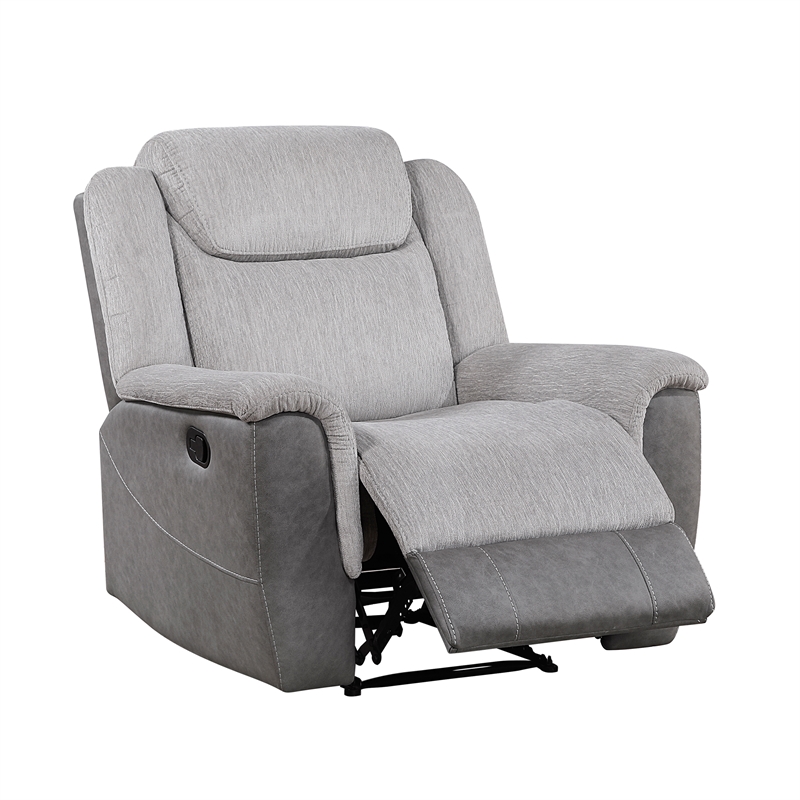 Pemberly Row Two-Tone Chenille and Faux Leather Recliner 300 lbs in Gray