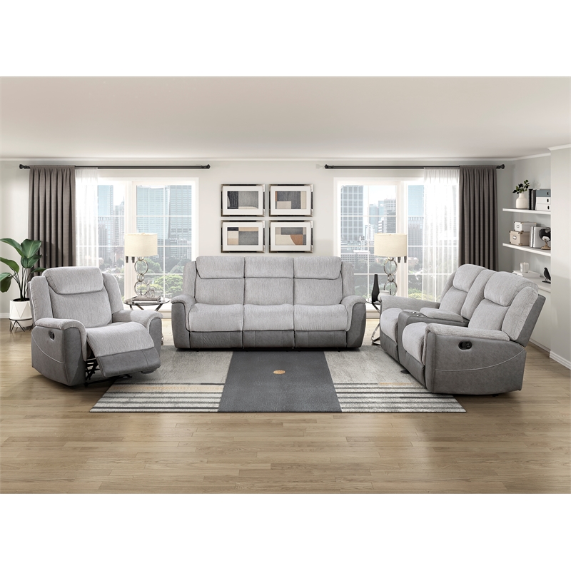 Pemberly Row Two-Tone Chenille Dual Reclining Loveseat with Console in Gray