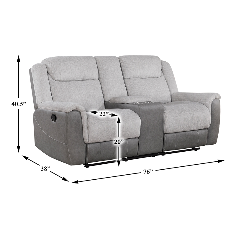 Pemberly Row Two-Tone Chenille Dual Reclining Loveseat with Console in Gray