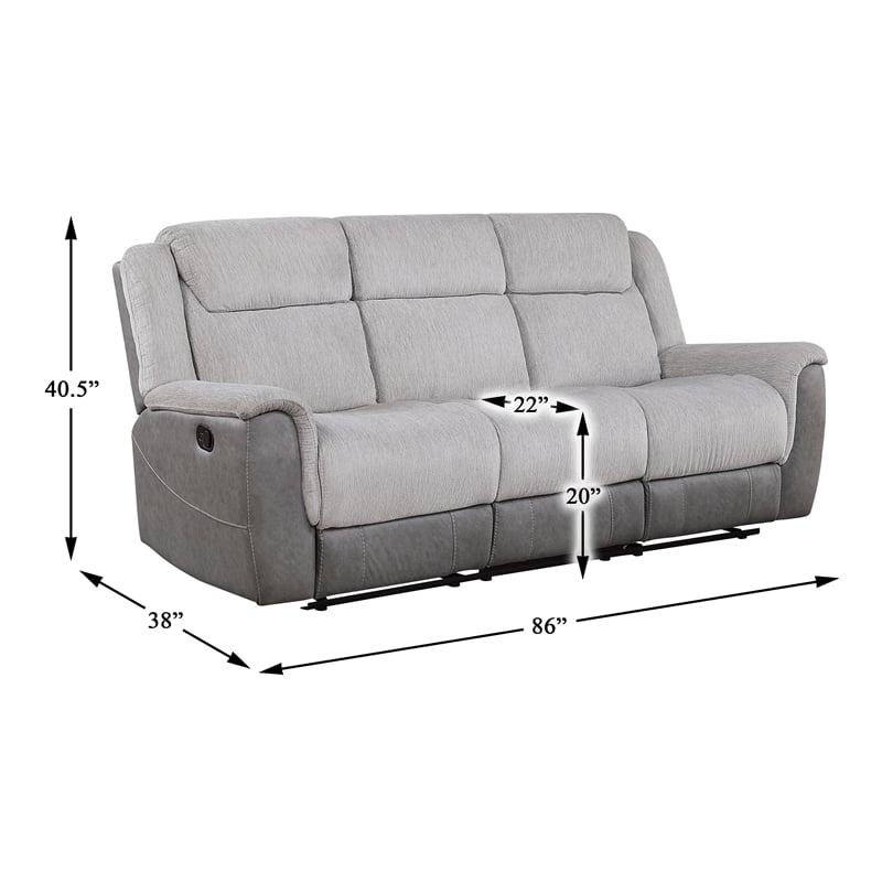 Pemberly Row Two-Tone Chenille and Faux Leather Dual Reclining Sofa in Gray