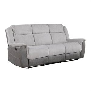 Pemberly Row Two-Tone Chenille and Faux Leather Dual Reclining Sofa in Gray