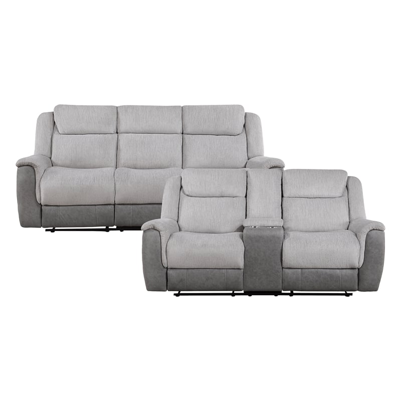 Pemberly Row Two-Tone Chenille 2-Piece Reclining Sofa and Loveseat Set in Gray