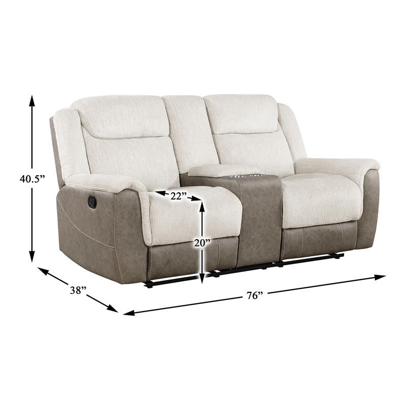 Pemberly Row Dual-Fabric Chenille Dual Reclining Loveseat with Console in Beige