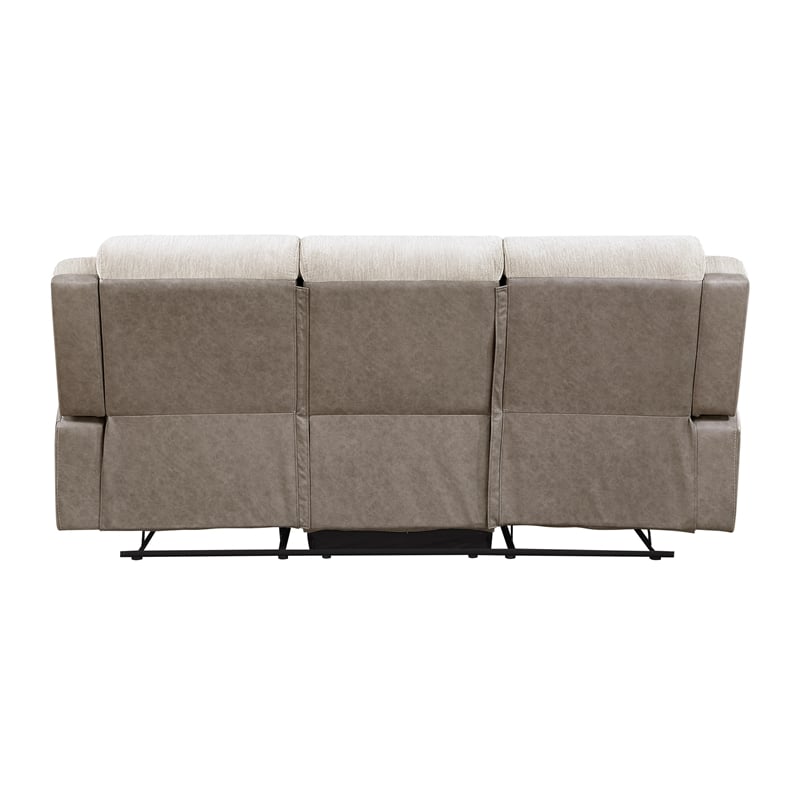 Pemberly Row Dual-Fabric Chenille and Microfiber Dual Reclining Sofa in Beige