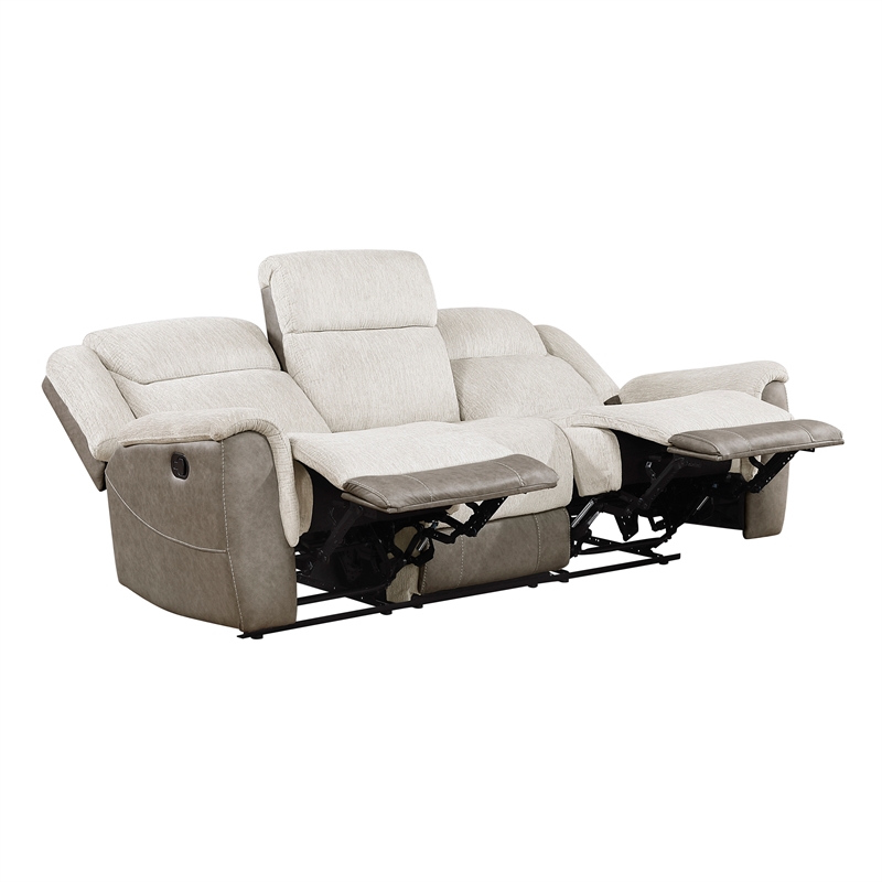 Pemberly Row Dual-Fabric Chenille and Microfiber Dual Reclining Sofa in Beige