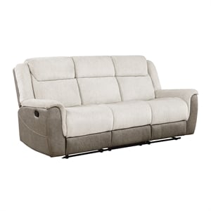Pemberly Row Dual-Fabric Chenille and Microfiber Dual Reclining Sofa in Beige
