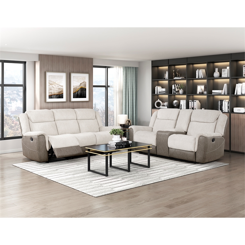Pemberly Row Chenille & Microfiber Dual Reclining Loveseat with Console in Beige